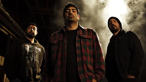 Rock trio under cinematic backlight in industrial haze.