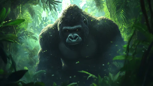 Powerful silverback gorilla quietly watches the jungle path