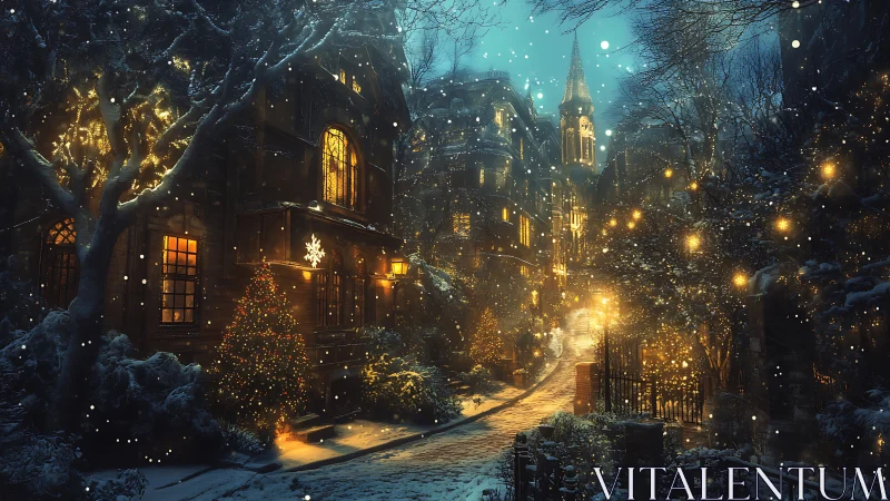 Snowlit Christmas lane glowing with lanterns and golden dreams.