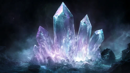 Luminous amethyst crystal cluster in spectral mist glow.