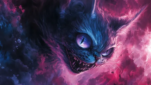 Hostile glowing cat head in swirling neon clouds.