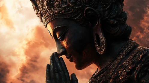 Sunlit bronze deity in silent prayer before burning skies.