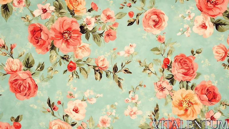 Floral pattern displays clustered roses on uniform teal ground
