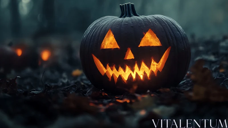 Carved jack o lantern on forest floor at dusk in autumn.