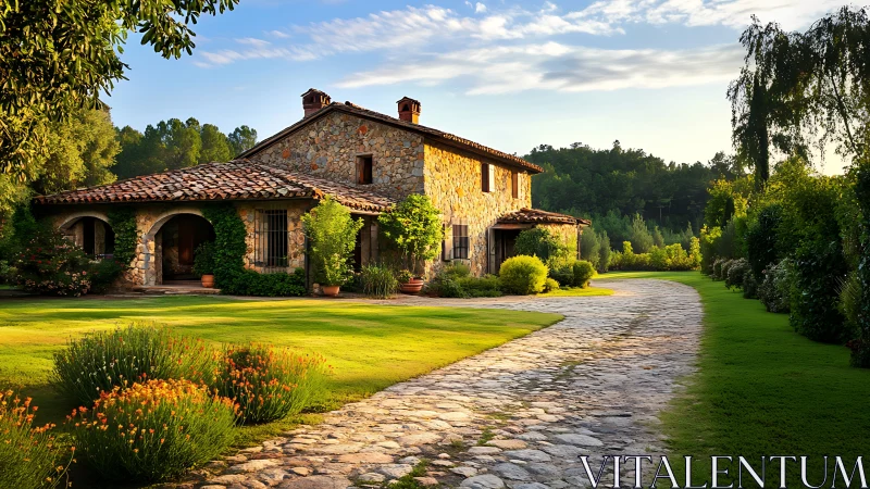 Sunlit stone farmhouse along a winding garden lane.