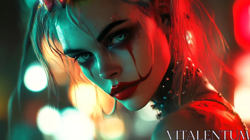 Cinematic neon portrait isolates clown makeup under bicolor rim light