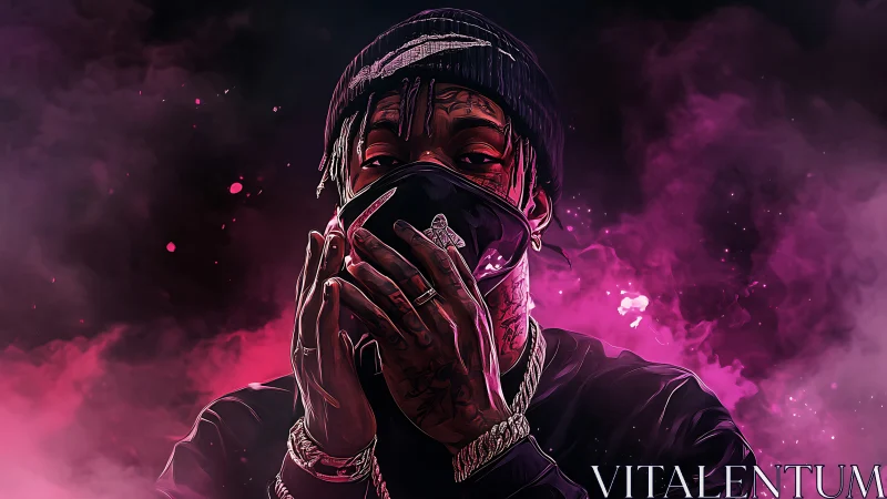 Digital painting portrait with neon vapor glow and masked figure.