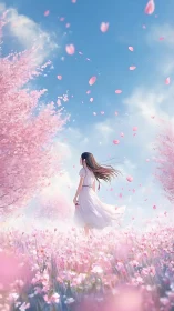 Girl in white dress walks through dreamy pink blossom field