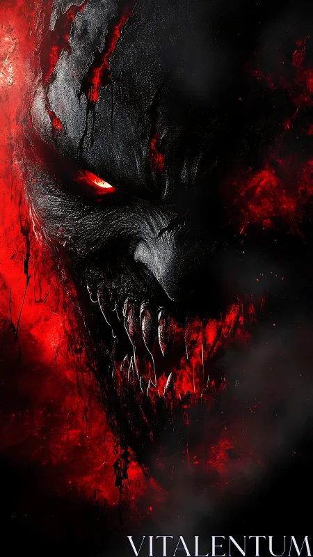 Infernal grin erupts from shadows in blood-red firestorm.