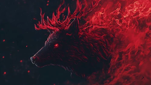 Crimson spirit wolf rising from swirling midnight embers.