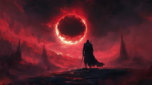 Lone blade under the burning eclipse above a crimson wasteland.
