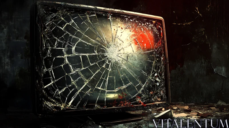 Shattered television screen in dark, abandoned interior.