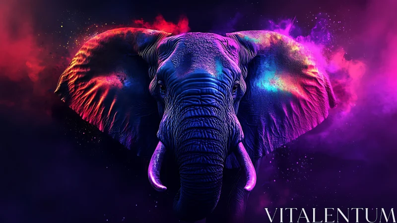 Neon-lit elephant emerges from cosmic clouds in vivid color
