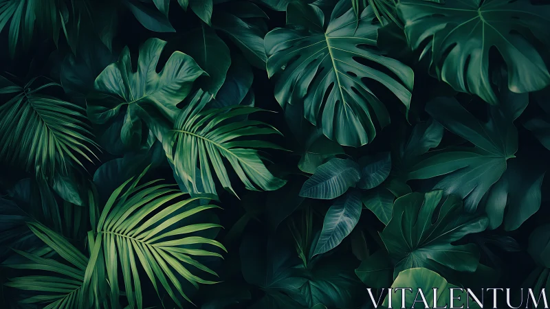 Shadow-drenched jungle leaves weaving a lush green tapestry.