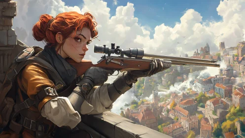 Sharpshooter with rifle overlooks fortified medieval city below.