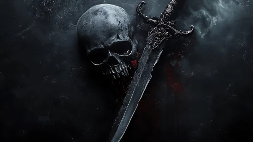 Grim skull and bloodlit blade in shadowed void of night.