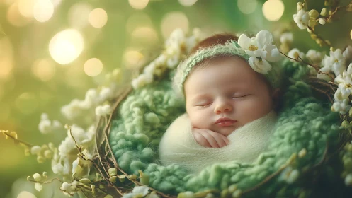 Sleeping Infant in Floral Garden Setting with Green Wrapping