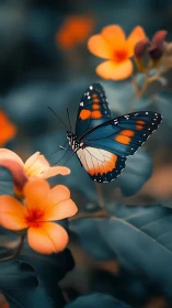 Midnight-winged butterfly courting glowing apricot blooms.