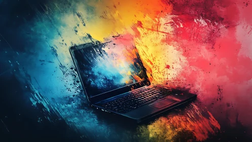 Laptop immersed in vivid digital paint explosion artwork.
