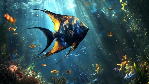 Sunlit angelfish sails through a jeweled underwater forest
