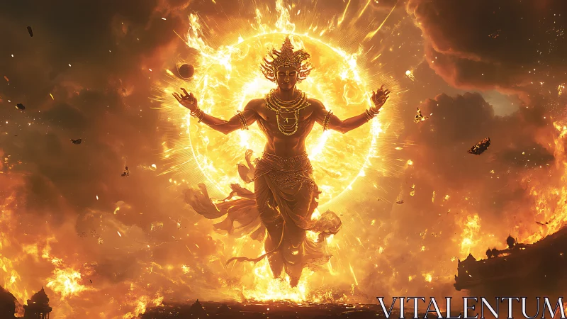 Deity-like humanoid figure aligned with solar energy disc