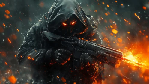 Hooded firebrand warrior striding through a storm of sparks.