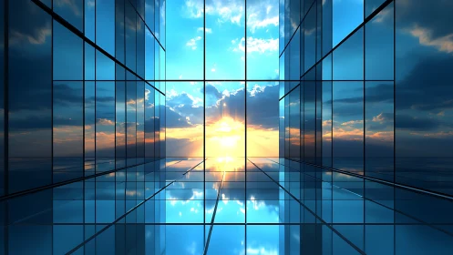 Glass Building Interior with Sunrise Horizon View.