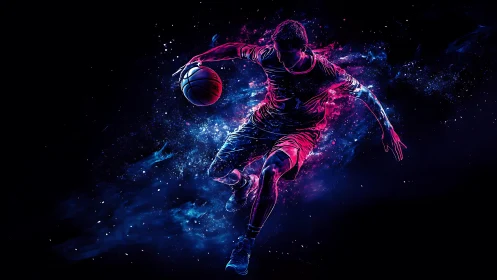 Dynamic neon basketball player in midair motion burst.