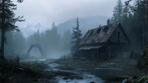 Dilapidated timber cabin in foggy alpine wetland environment.