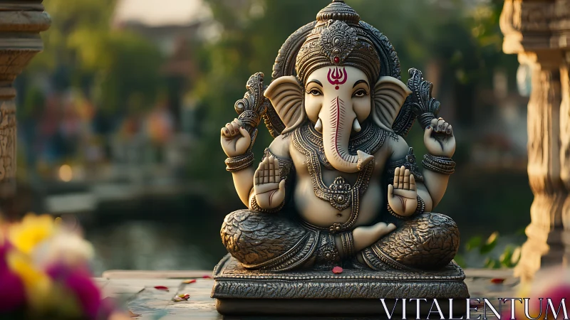 Ganesha idol in ornate stonework under warm temple light.
