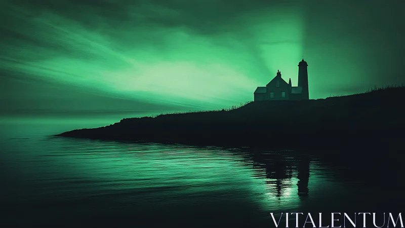 Quiet lighthouse home glows softly above calm green sea