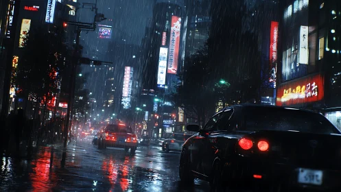 Rain-soaked neon city street with cars at night in motion.