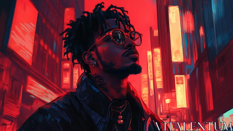 Neon-lit urban portrait of man in reflective sunglasses.