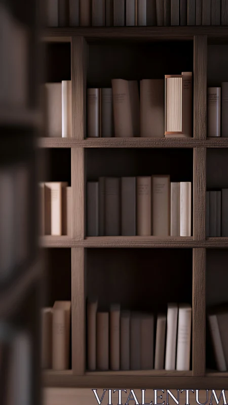Vertical beige book punctuates muted wooden library grid