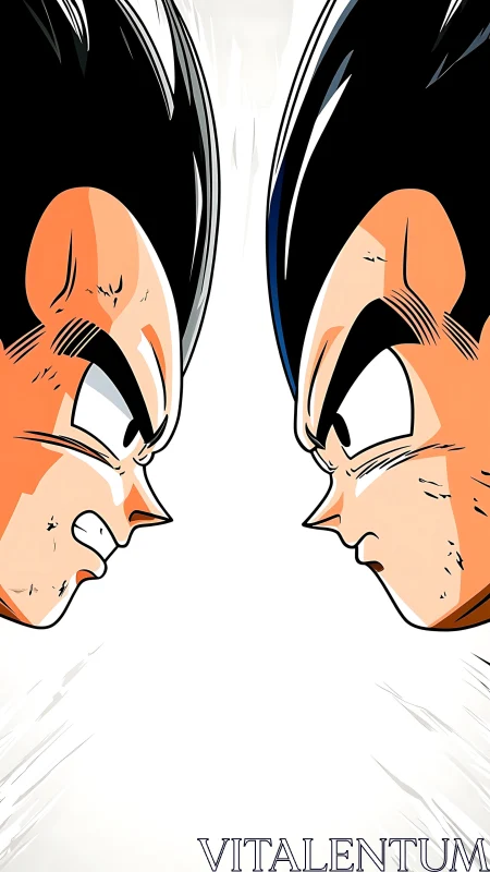 Two opposing anime warriors stare each other down closely