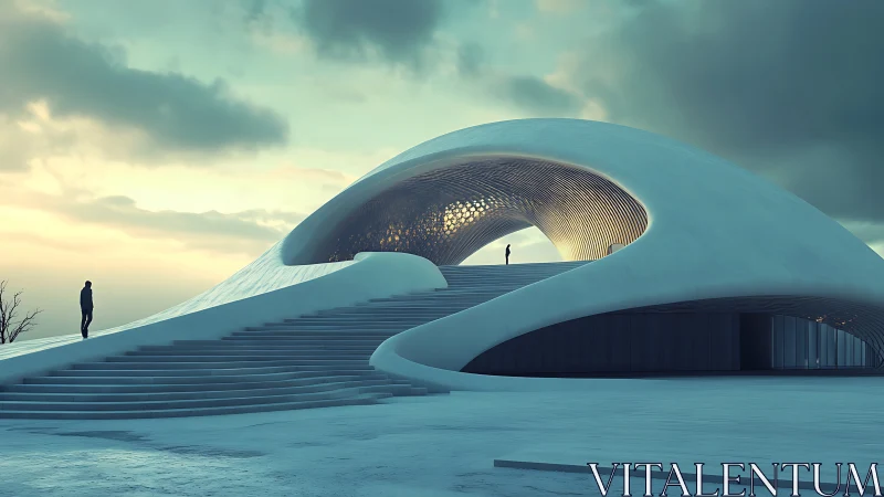 Futuristic curved architecture with dramatic sky and figures.