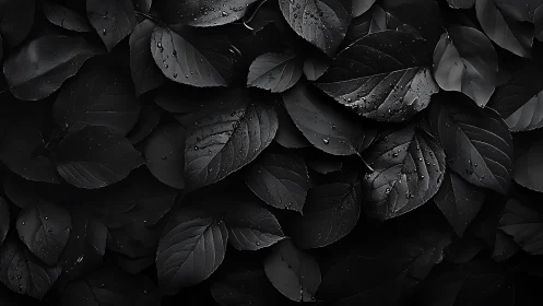 Overlapping dark leaves form a uniform, moisture-coated surface