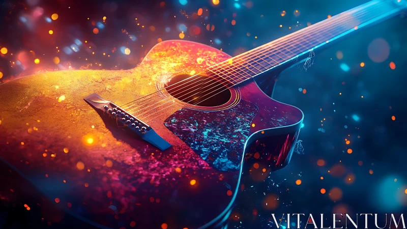 Neon embers serenade a glowing acoustic guitar in stardust.