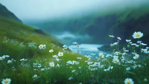 Gentle wildflowers welcome a misty river valley in calm light