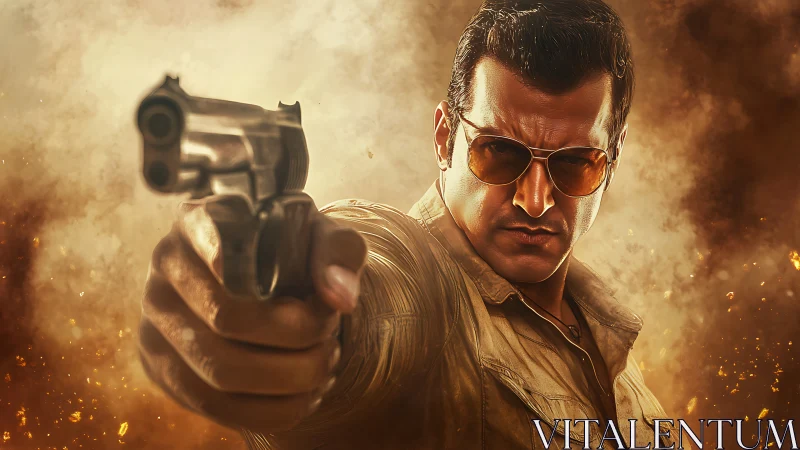 Action hero aiming revolver amid cinematic firestorm.