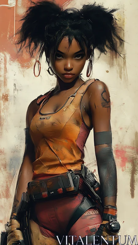 Digital portrait shows armed woman in tactical workwear