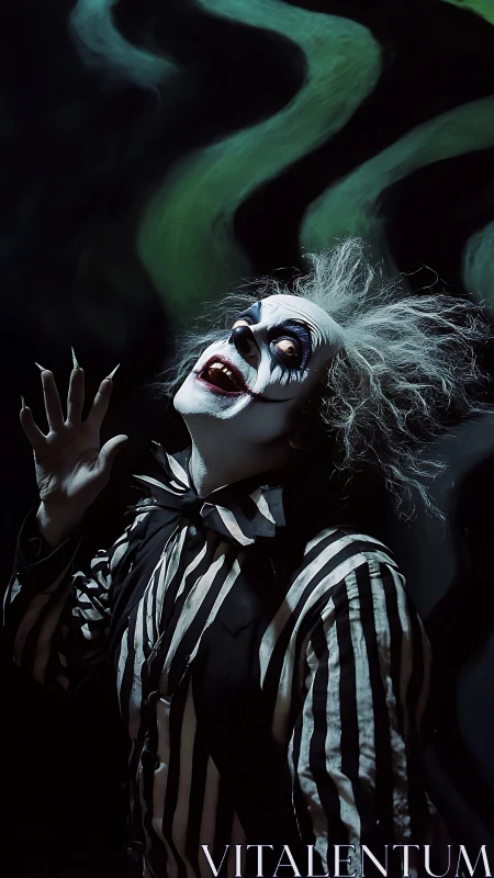 Striped costumed figure with theatrical makeup poses upward