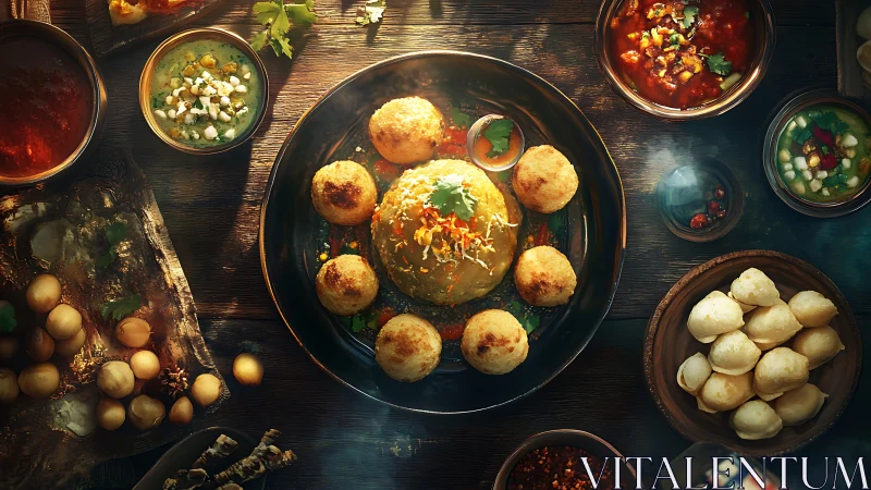 High-contrast overhead spread of Indian street food snacks on wood