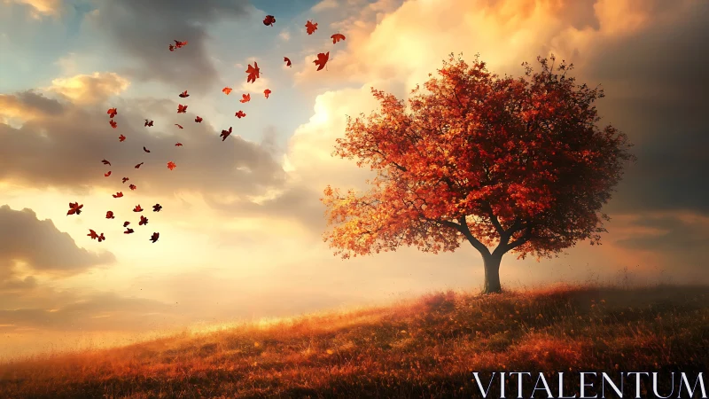 Solitary autumn tree on glowing hillside at sunset.