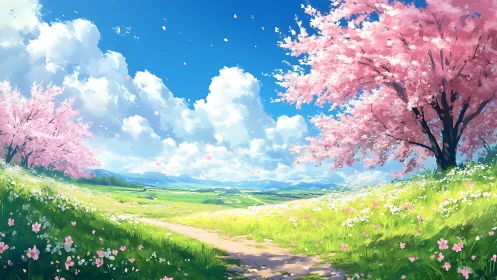 Spring meadow path with cherry trees under blue sky.
