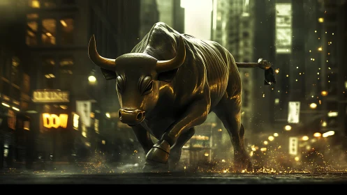 Metallic bull sculpture advances through city street