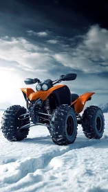 Orange snow ATV stands bold against stormy winter sky