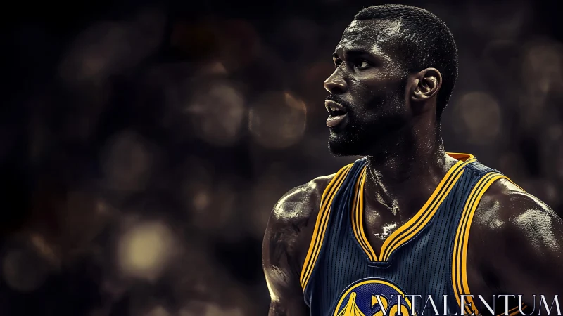 Focused basketball player stands ready under arena lights
