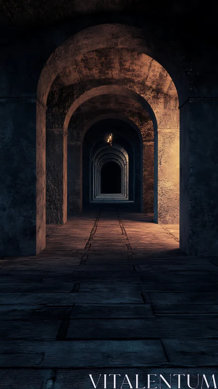 Moody stone corridor recedes through lit archways into darkness