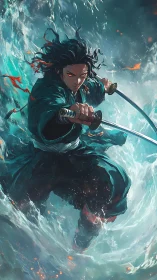 Storm-lashed dual katana warrior amid dynamic ocean vortex